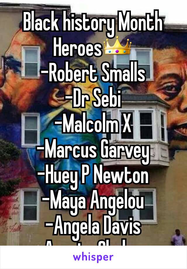 Black history Month Heroes👑
-Robert Smalls
-Dr Sebi
-Malcolm X
-Marcus Garvey
-Huey P Newton
-Maya Angelou
-Angela Davis
-Assata Shakur 