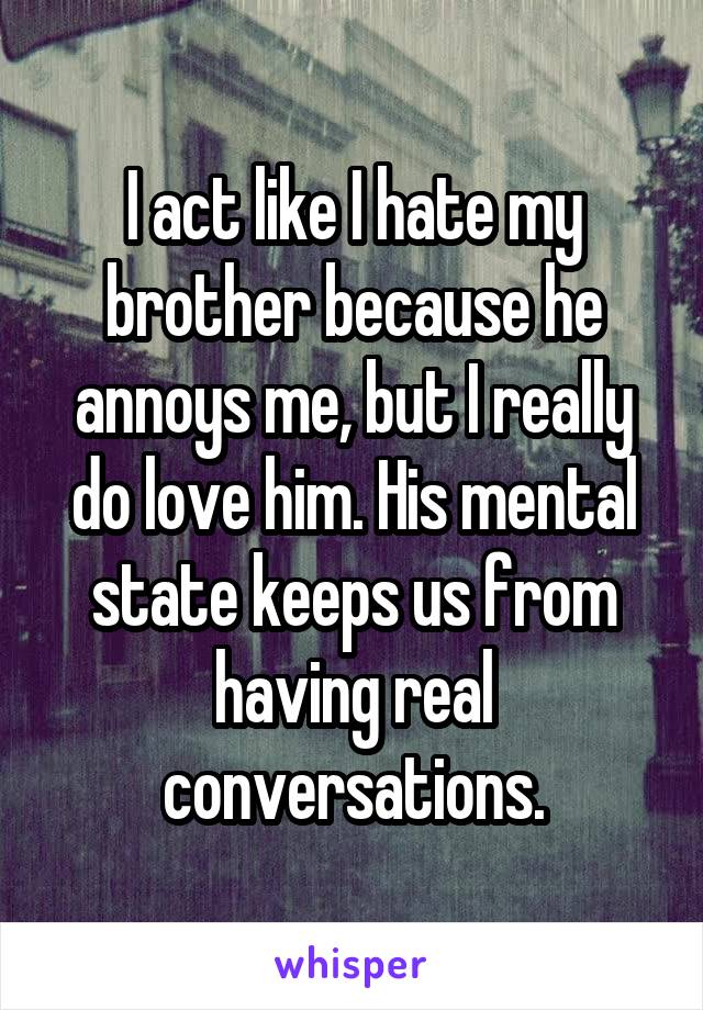 I act like I hate my brother because he annoys me, but I really do love him. His mental state keeps us from having real conversations.