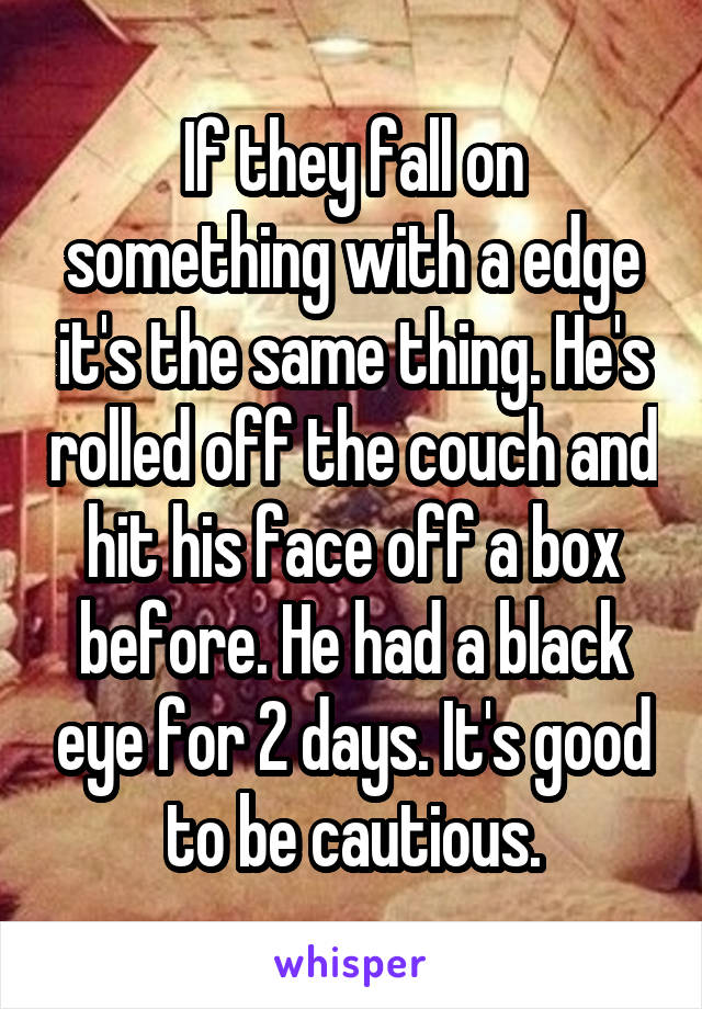 If they fall on something with a edge it's the same thing. He's rolled off the couch and hit his face off a box before. He had a black eye for 2 days. It's good to be cautious.