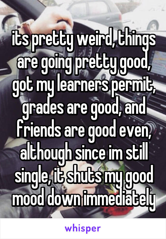 its pretty weird, things are going pretty good, got my learners permit, grades are good, and friends are good even, although since im still single, it shuts my good mood down immediately