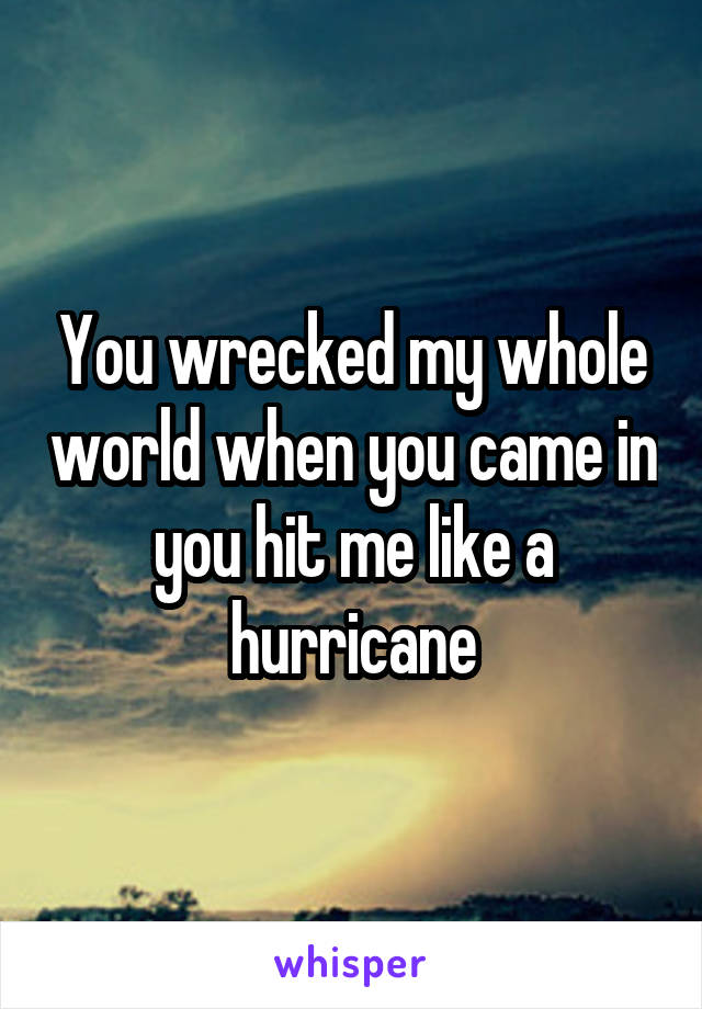 You wrecked my whole world when you came in you hit me like a hurricane