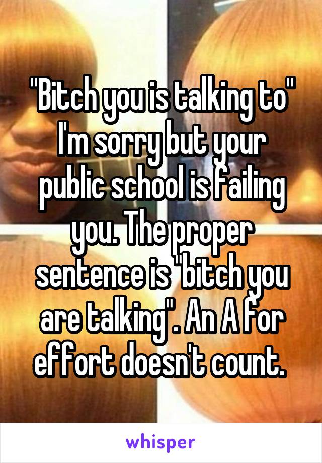 "Bitch you is talking to"
I'm sorry but your public school is failing you. The proper sentence is "bitch you are talking". An A for effort doesn't count. 