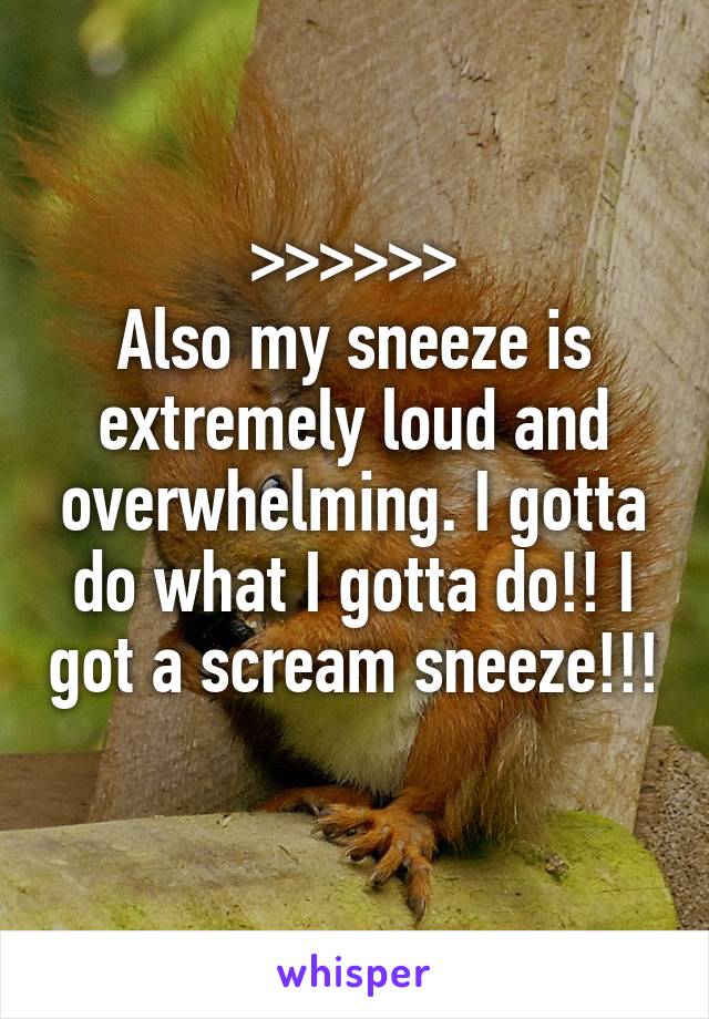 >>>>>>
Also my sneeze is extremely loud and overwhelming. I gotta do what I gotta do!! I got a scream sneeze!!!
