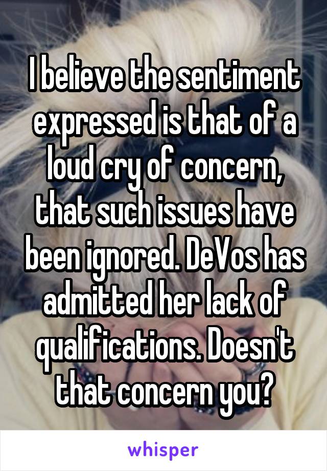 I believe the sentiment expressed is that of a loud cry of concern, that such issues have been ignored. DeVos has admitted her lack of qualifications. Doesn't that concern you?