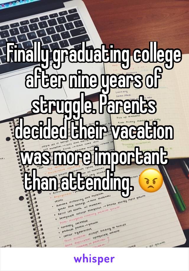 Finally graduating college after nine years of struggle. Parents decided their vacation was more important than attending. 😠