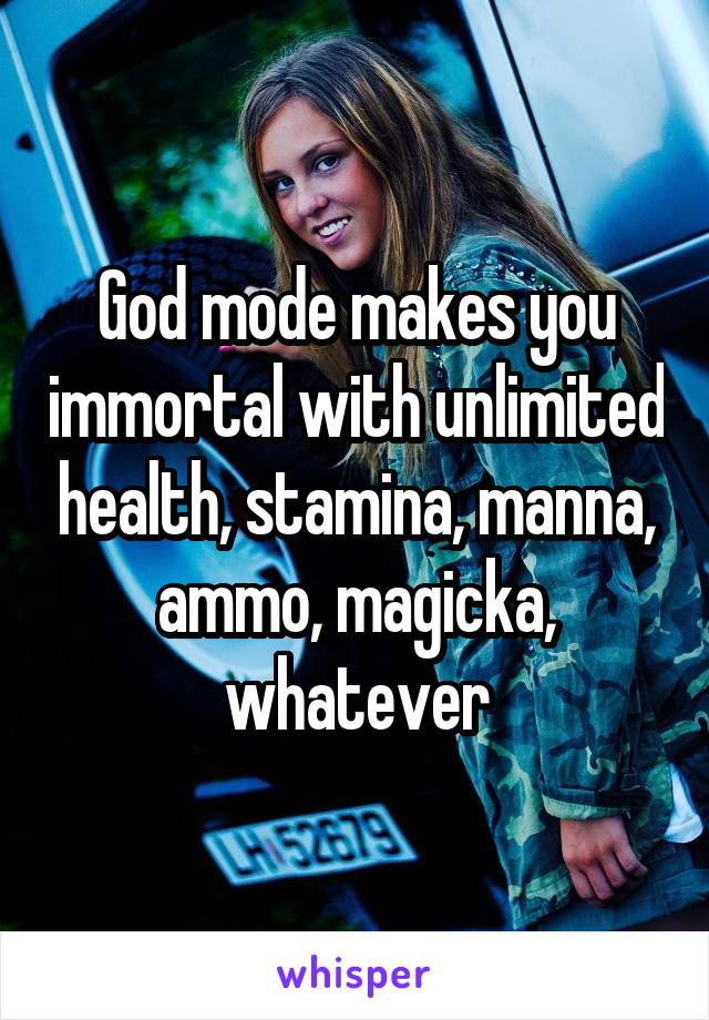 God mode makes you immortal with unlimited health, stamina, manna, ammo, magicka, whatever