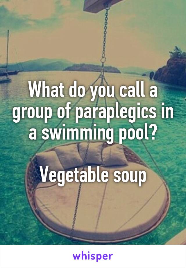 What do you call a group of paraplegics in a swimming pool?

Vegetable soup
