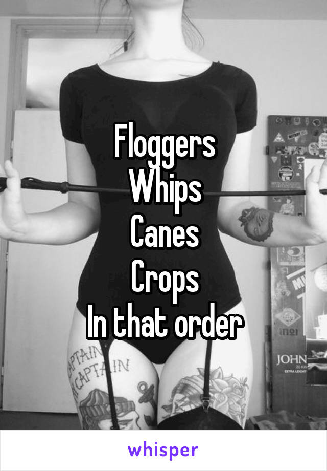Floggers
Whips
Canes
Crops
In that order