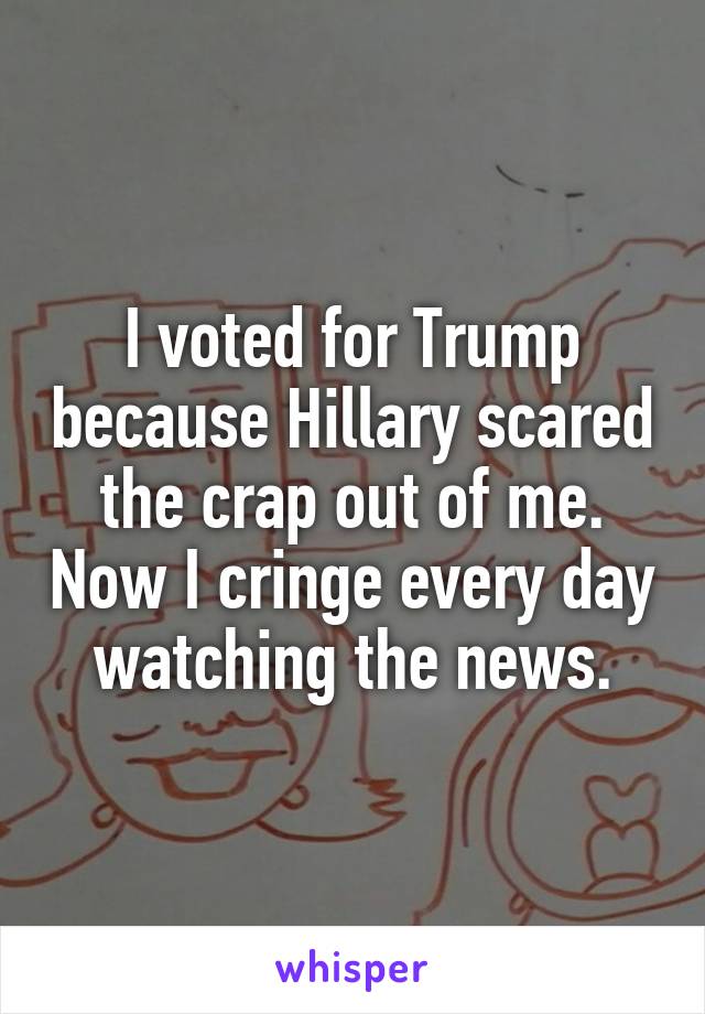 I voted for Trump because Hillary scared the crap out of me. Now I cringe every day watching the news.