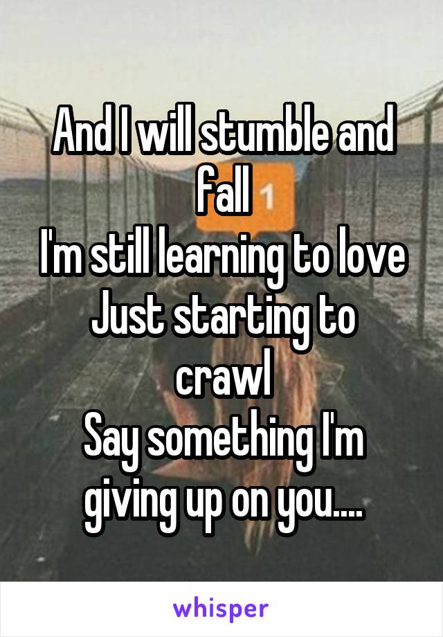 And I will stumble and fall
I'm still learning to love
Just starting to crawl
Say something I'm giving up on you....