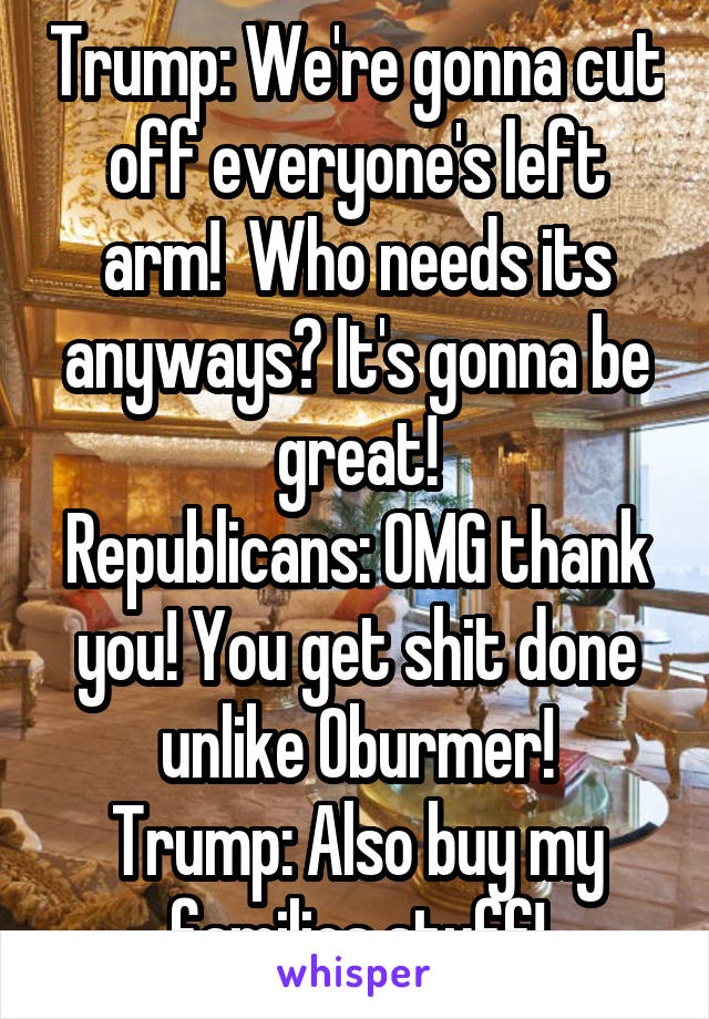 Trump: We're gonna cut off everyone's left arm!  Who needs its anyways? It's gonna be great!
Republicans: OMG thank you! You get shit done unlike Oburmer!
Trump: Also buy my families stuff!