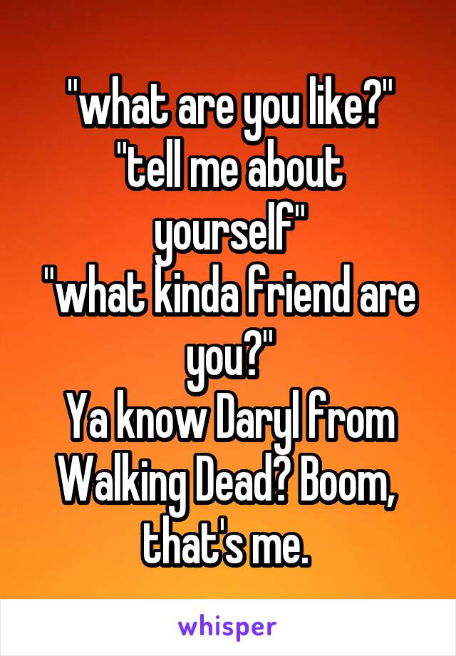 "what are you like?"
"tell me about yourself"
"what kinda friend are you?"
Ya know Daryl from Walking Dead? Boom,  that's me. 