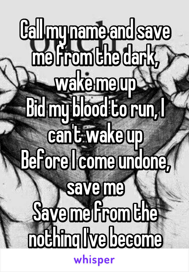 Call my name and save me from the dark, wake me up
Bid my blood to run, I can't wake up
Before I come undone, save me
Save me from the nothing I've become