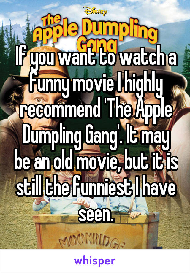 If you want to watch a funny movie I highly recommend 'The Apple Dumpling Gang'. It may be an old movie, but it is still the funniest I have seen.