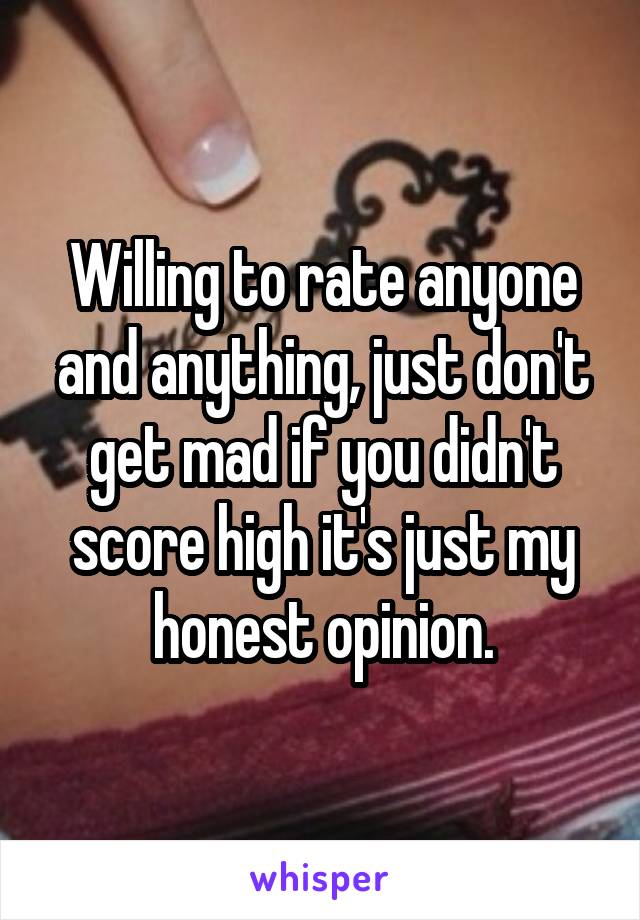 Willing to rate anyone and anything, just don't get mad if you didn't score high it's just my honest opinion.