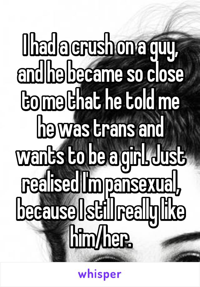 I had a crush on a guy, and he became so close to me that he told me he was trans and wants to be a girl. Just realised I'm pansexual, because I still really like him/her.