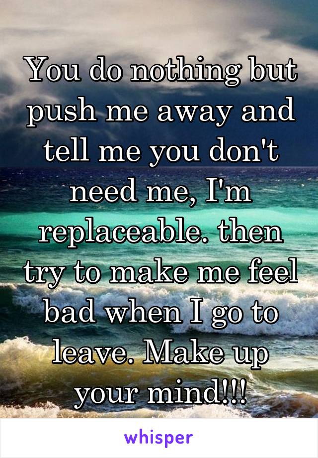 You do nothing but push me away and tell me you don't need me, I'm replaceable. then try to make me feel bad when I go to leave. Make up your mind!!!