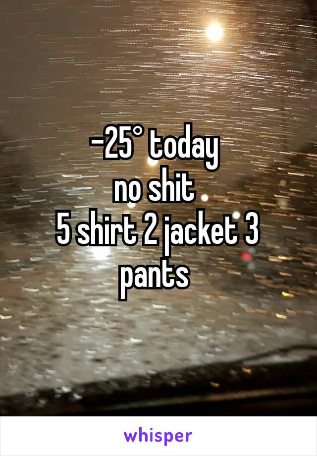 -25° today 
no shit 
5 shirt 2 jacket 3 pants 
