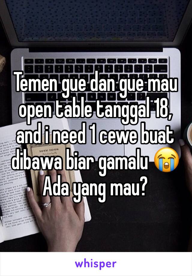 Temen gue dan gue mau open table tanggal 18, and i need 1 cewe buat dibawa biar gamalu 😭
Ada yang mau? 