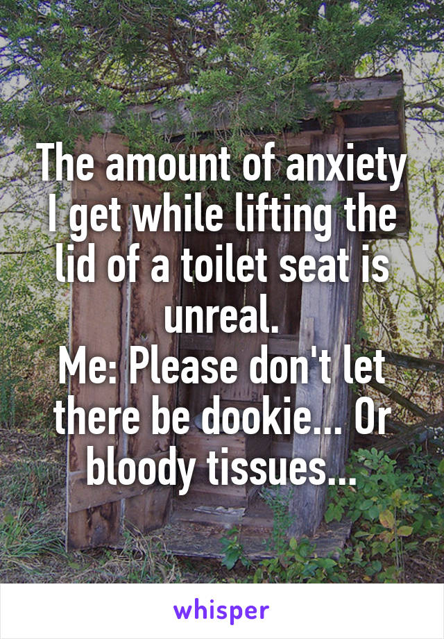 The amount of anxiety I get while lifting the lid of a toilet seat is unreal.
Me: Please don't let there be dookie... Or bloody tissues...