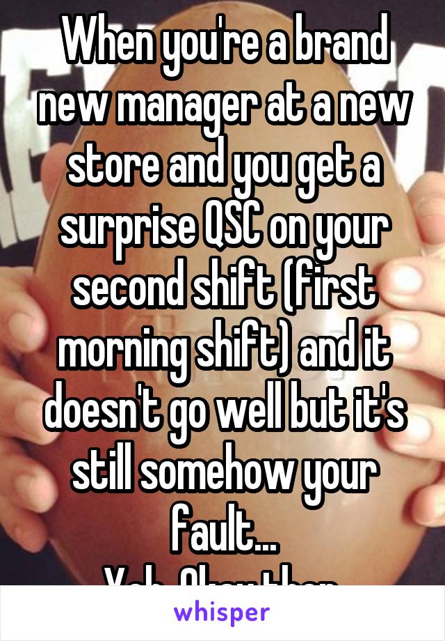 When you're a brand new manager at a new store and you get a surprise QSC on your second shift (first morning shift) and it doesn't go well but it's still somehow your fault...
Yeh. Okay then.