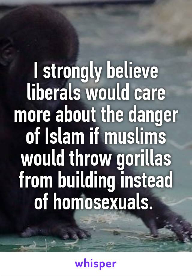 I strongly believe liberals would care more about the danger of Islam if muslims would throw gorillas from building instead of homosexuals. 