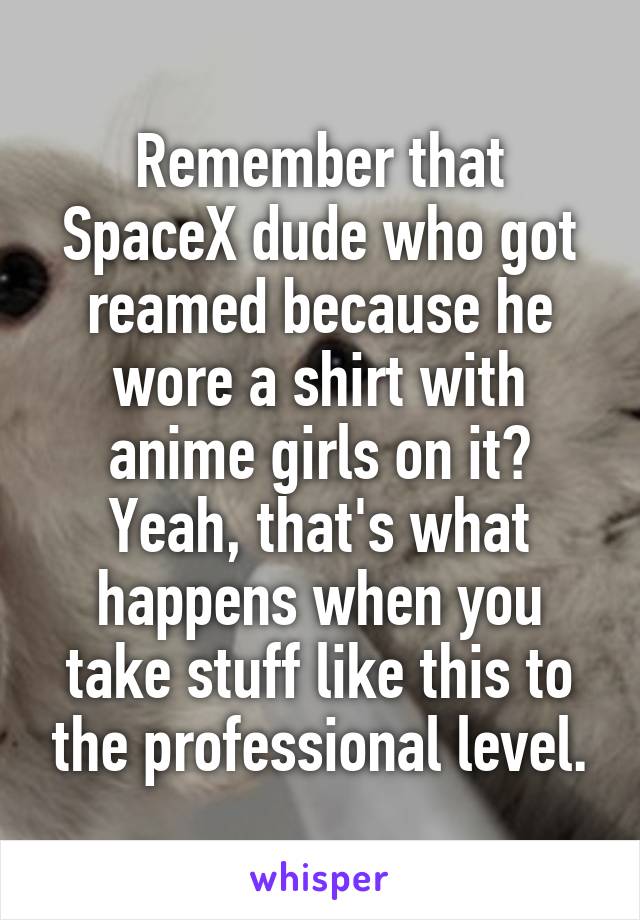 Remember that SpaceX dude who got reamed because he wore a shirt with anime girls on it?
Yeah, that's what happens when you take stuff like this to the professional level.