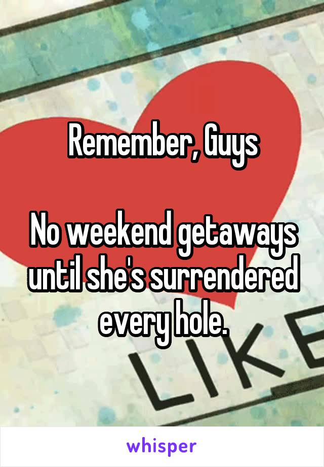 Remember, Guys

No weekend getaways until she's surrendered every hole.