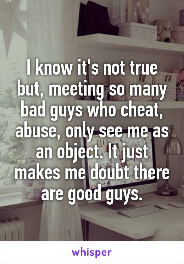 I know it's not true but, meeting so many bad guys who cheat, abuse, only see me as an object. It just makes me doubt there are good guys.