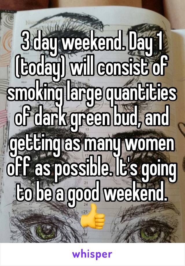 3 day weekend. Day 1 (today) will consist of smoking large quantities of dark green bud, and getting as many women off as possible. It's going to be a good weekend. 👍