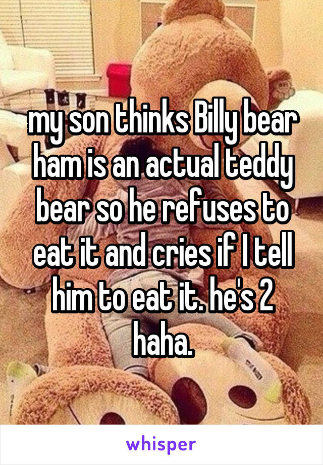 my son thinks Billy bear ham is an actual teddy bear so he refuses to eat it and cries if I tell him to eat it. he's 2 haha.