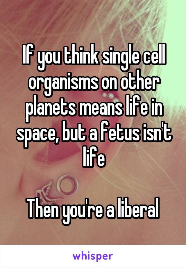 If you think single cell organisms on other planets means life in space, but a fetus isn't life

Then you're a liberal 