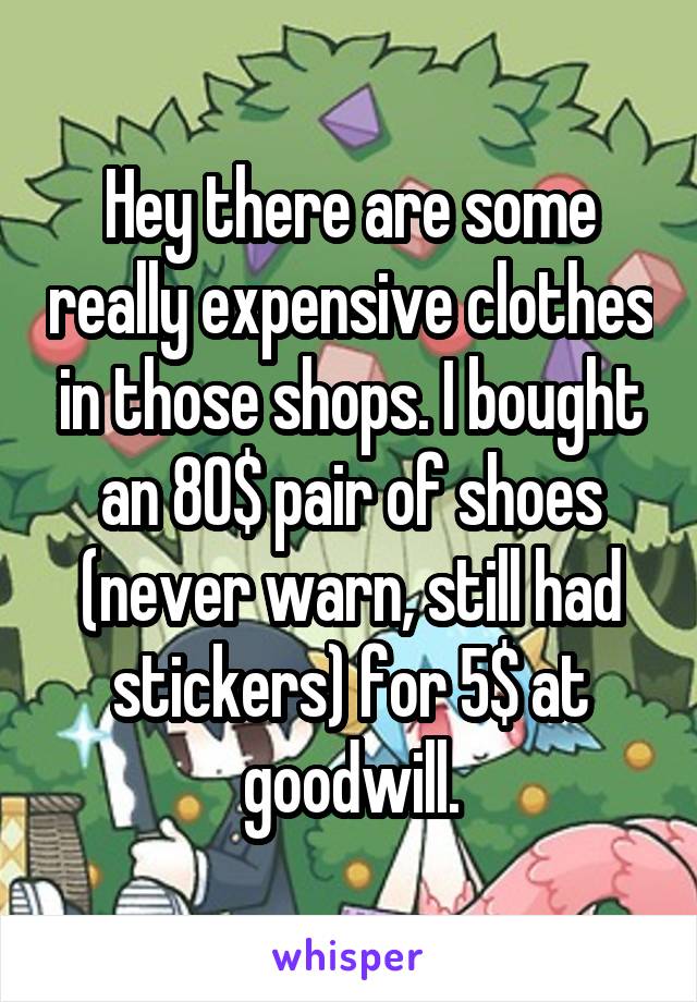 Hey there are some really expensive clothes in those shops. I bought an 80$ pair of shoes (never warn, still had stickers) for 5$ at goodwill.