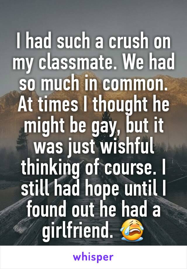 I had such a crush on my classmate. We had so much in common. At times I thought he might be gay, but it was just wishful thinking of course. I still had hope until I found out he had a girlfriend. 😭