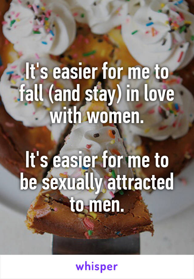 It's easier for me to fall (and stay) in love with women.

It's easier for me to be sexually attracted to men.