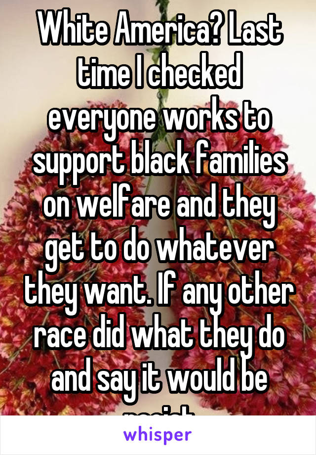 White America? Last time I checked everyone works to support black families on welfare and they get to do whatever they want. If any other race did what they do and say it would be racist