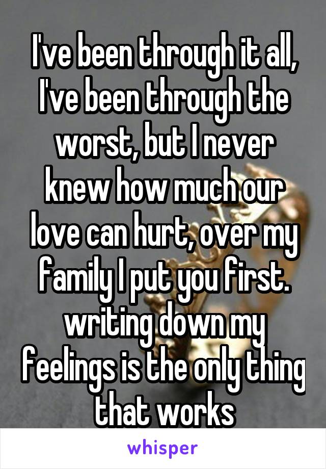 I've been through it all, I've been through the worst, but I never knew how much our love can hurt, over my family I put you first. writing down my feelings is the only thing that works