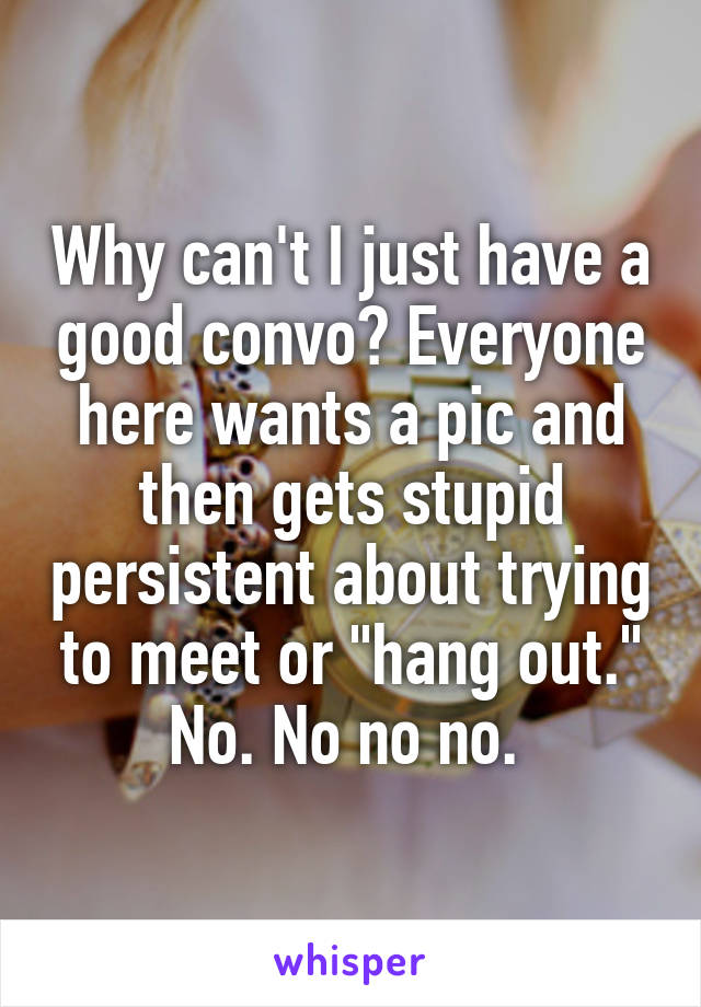 Why can't I just have a good convo? Everyone here wants a pic and then gets stupid persistent about trying to meet or "hang out." No. No no no. 