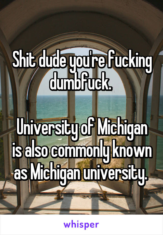 Shit dude you're fucking dumbfuck. 

University of Michigan is also commonly known as Michigan university. 