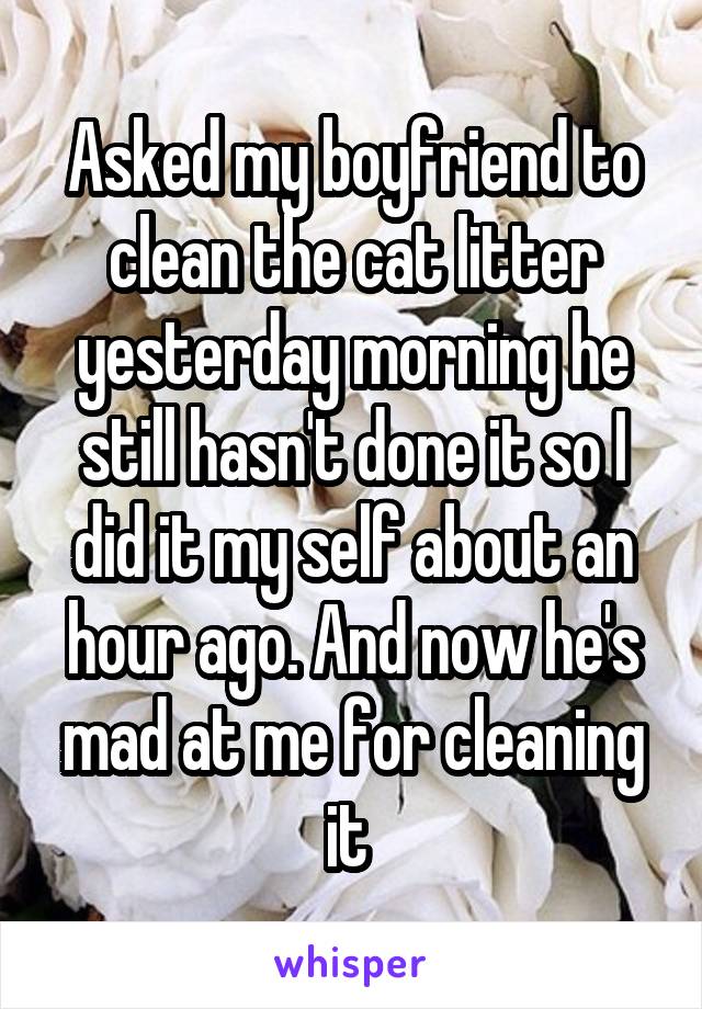 Asked my boyfriend to clean the cat litter yesterday morning he still hasn't done it so I did it my self about an hour ago. And now he's mad at me for cleaning it 