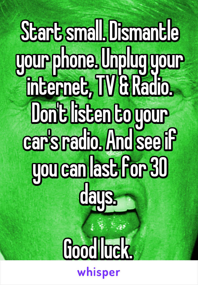 Start small. Dismantle your phone. Unplug your internet, TV & Radio. Don't listen to your car's radio. And see if you can last for 30 days. 

Good luck. 