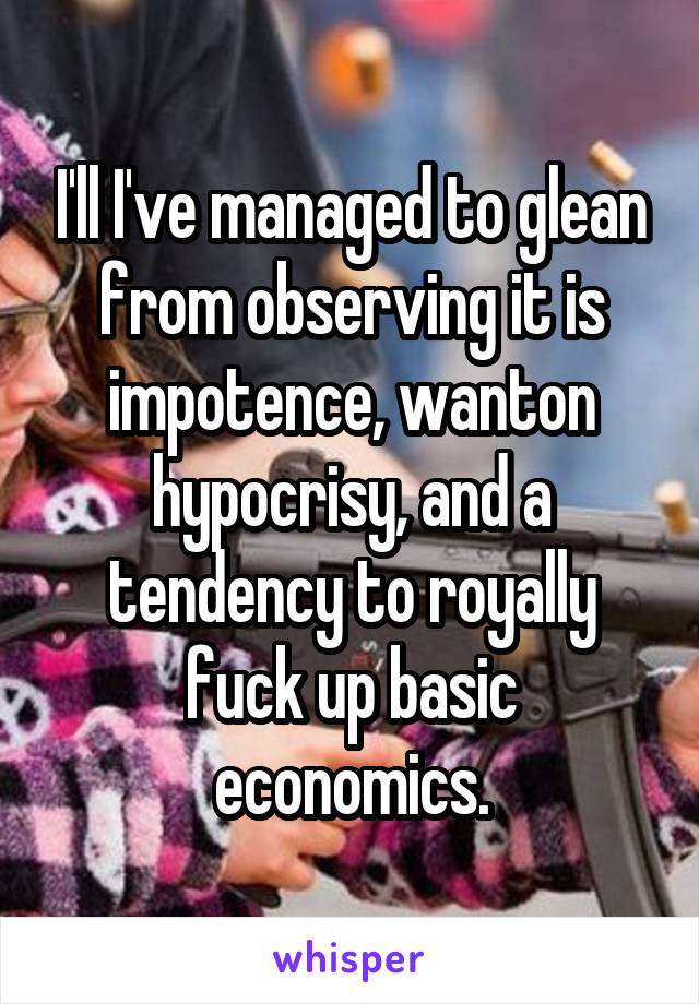 I'll I've managed to glean from observing it is impotence, wanton hypocrisy, and a tendency to royally fuck up basic economics.