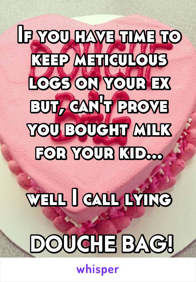 If you have time to keep meticulous logs on your ex but, can't prove you bought milk for your kid...

well I call lying

 DOUCHE BAG!