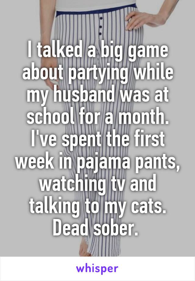 I talked a big game about partying while my husband was at school for a month. I've spent the first week in pajama pants, watching tv and talking to my cats. Dead sober. 