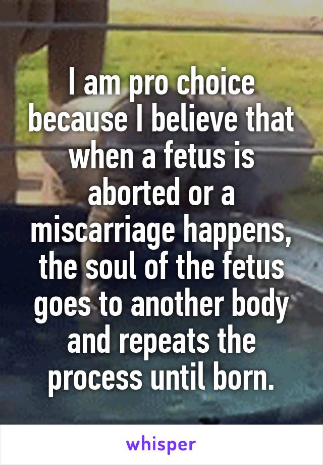 I am pro choice because I believe that when a fetus is aborted or a miscarriage happens, the soul of the fetus goes to another body and repeats the process until born.