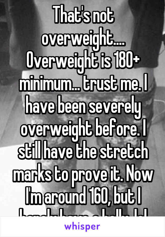 That's not overweight.... Overweight is 180+ minimum... trust me. I have been severely overweight before. I still have the stretch marks to prove it. Now I'm around 160, but I barely have a belly. lol