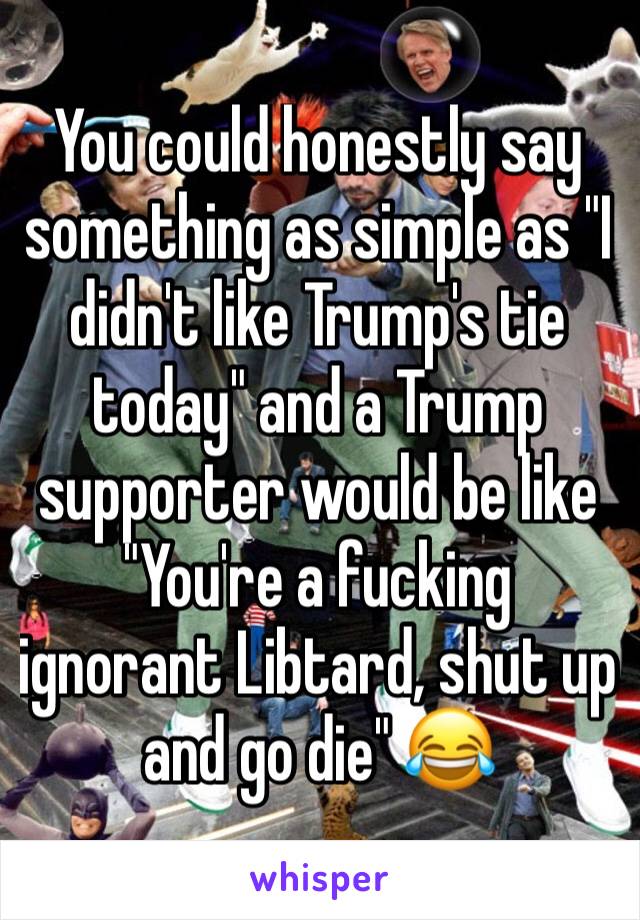 You could honestly say something as simple as "I didn't like Trump's tie today" and a Trump supporter would be like "You're a fucking ignorant Libtard, shut up and go die" 😂