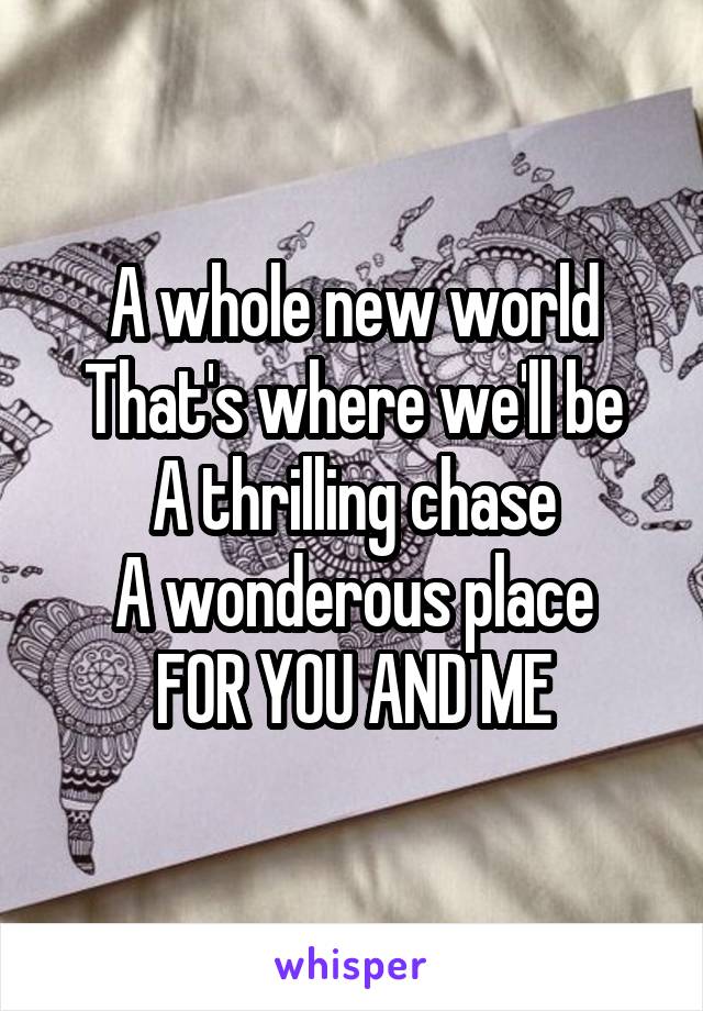 A whole new world
That's where we'll be
A thrilling chase
A wonderous place
FOR YOU AND ME