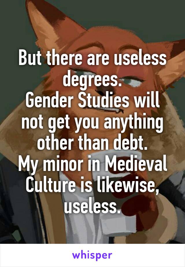 But there are useless degrees.
Gender Studies will not get you anything other than debt.
My minor in Medieval Culture is likewise, useless.