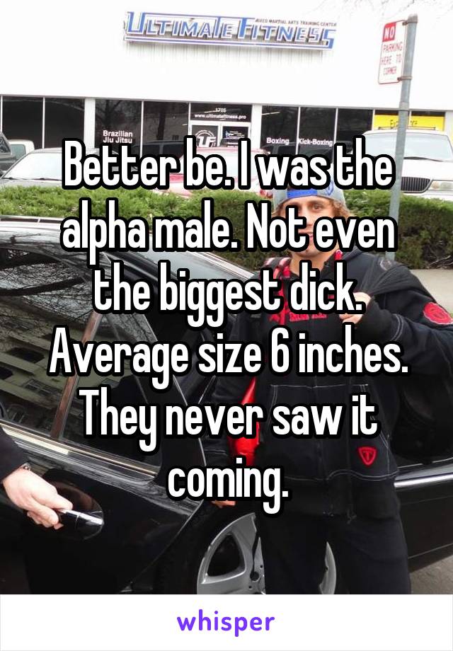 Better be. I was the alpha male. Not even the biggest dick. Average size 6 inches. They never saw it coming.